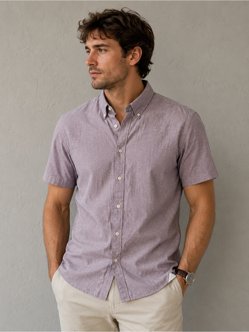 Hugo Boss Slim Fit XXL Lavender Textured Short Sleeve Button Down Shirt